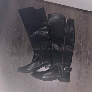 Knee Length Leather Boots with gold zipper and buckle